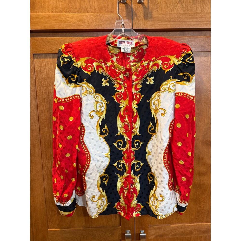 Maggy London Silk Blouse Vintage Red Black Baroque Chain Print Top Size 8
